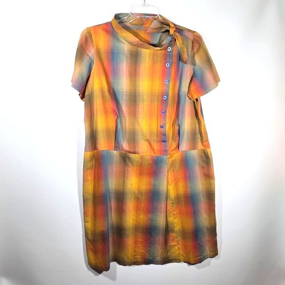 no brand Dresses & Skirts - VTG 60s 70s Rainbow Plaid Shift Dress Side Button Mod Shirtdress WhimsiGoth XL